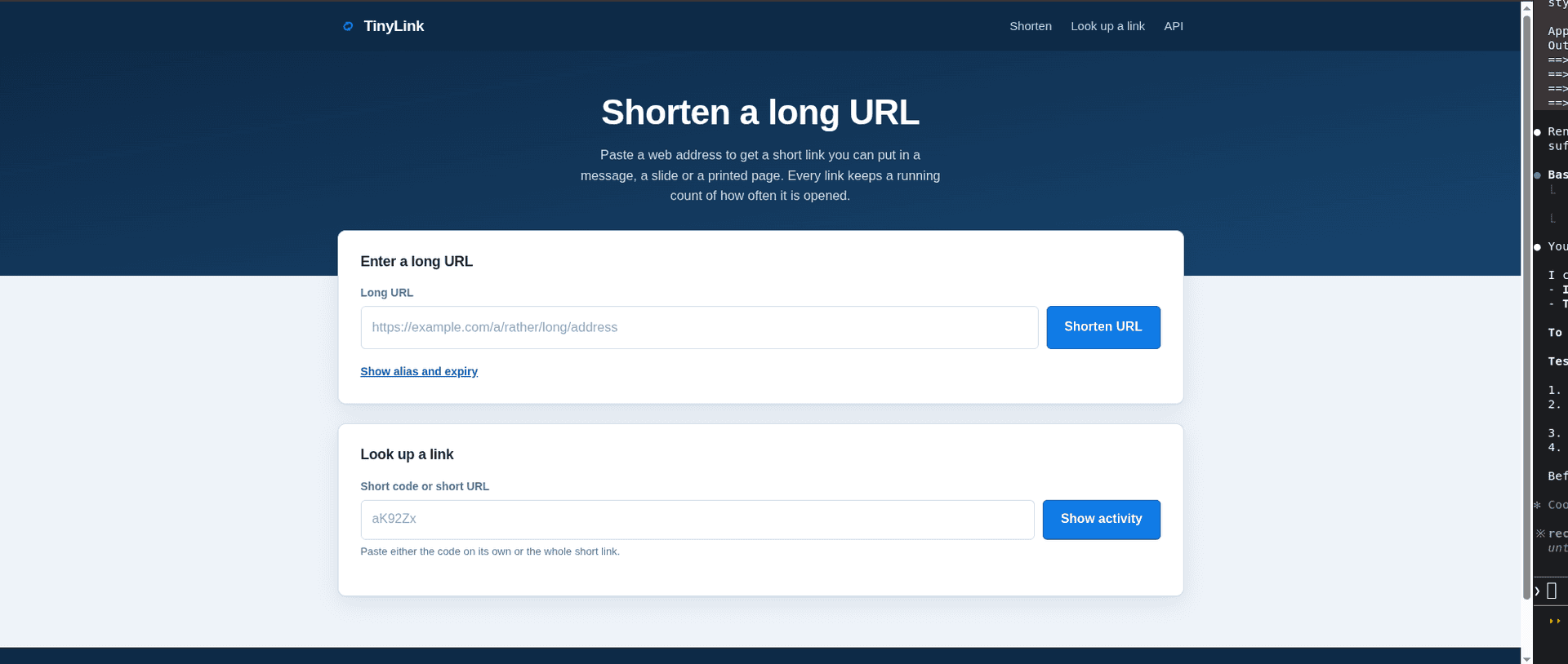 The TinyLink home page: “Shorten a long URL” over a form for pasting a long address, with a “Look up a link” form below it.