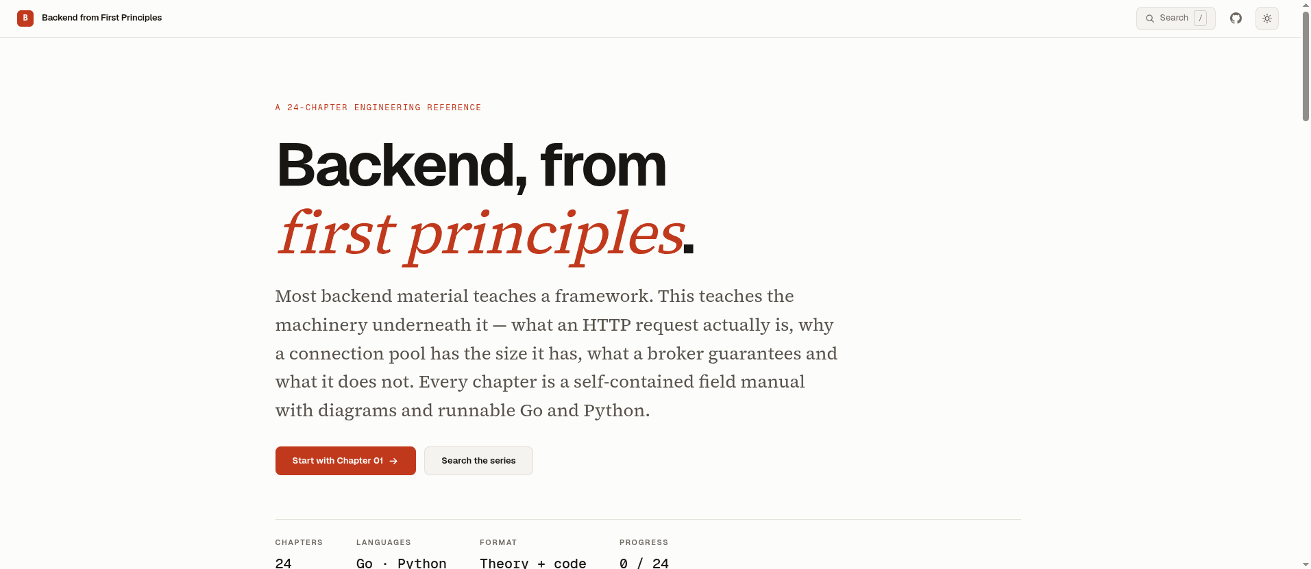 The Backend from First Principles home page: the series title over a summary of what it covers, with chapter count, languages and progress below.