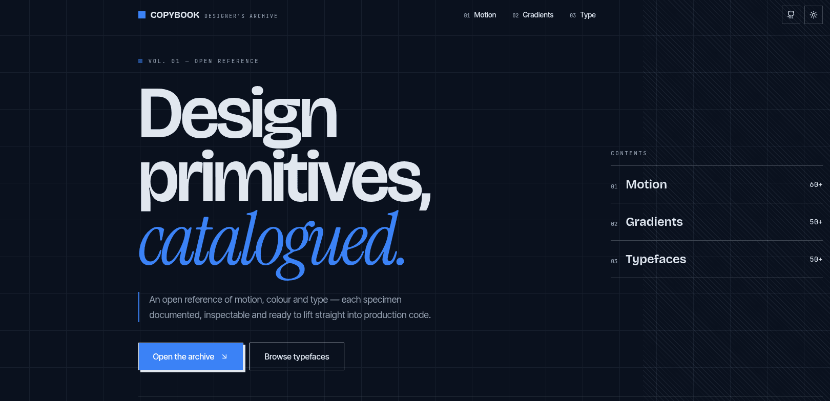 The Copybook home page: “Design primitives, catalogued.” over a dark grid, with a contents list of the motion, gradient and typeface sections beside it.